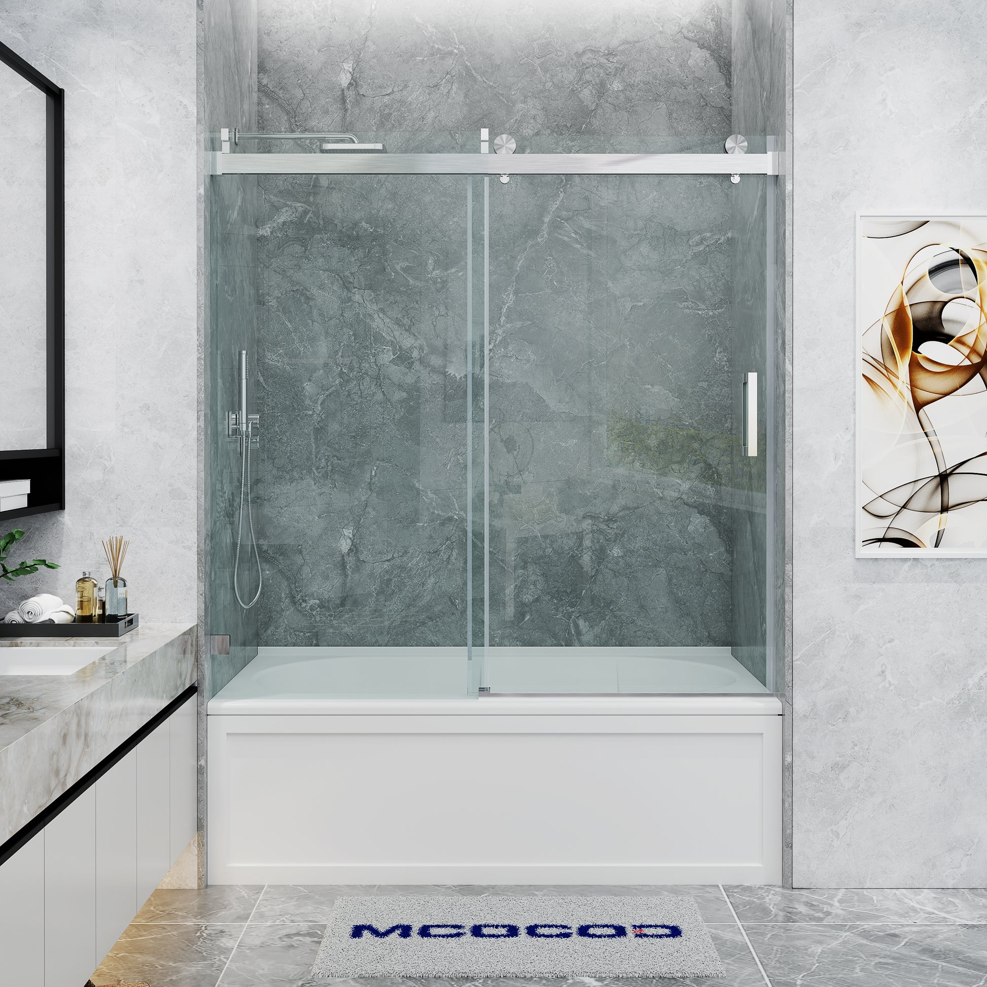 MCOCOD SS08 Soft-Closing Single Sliding Frameless Shower Door in Brushed Nickel
