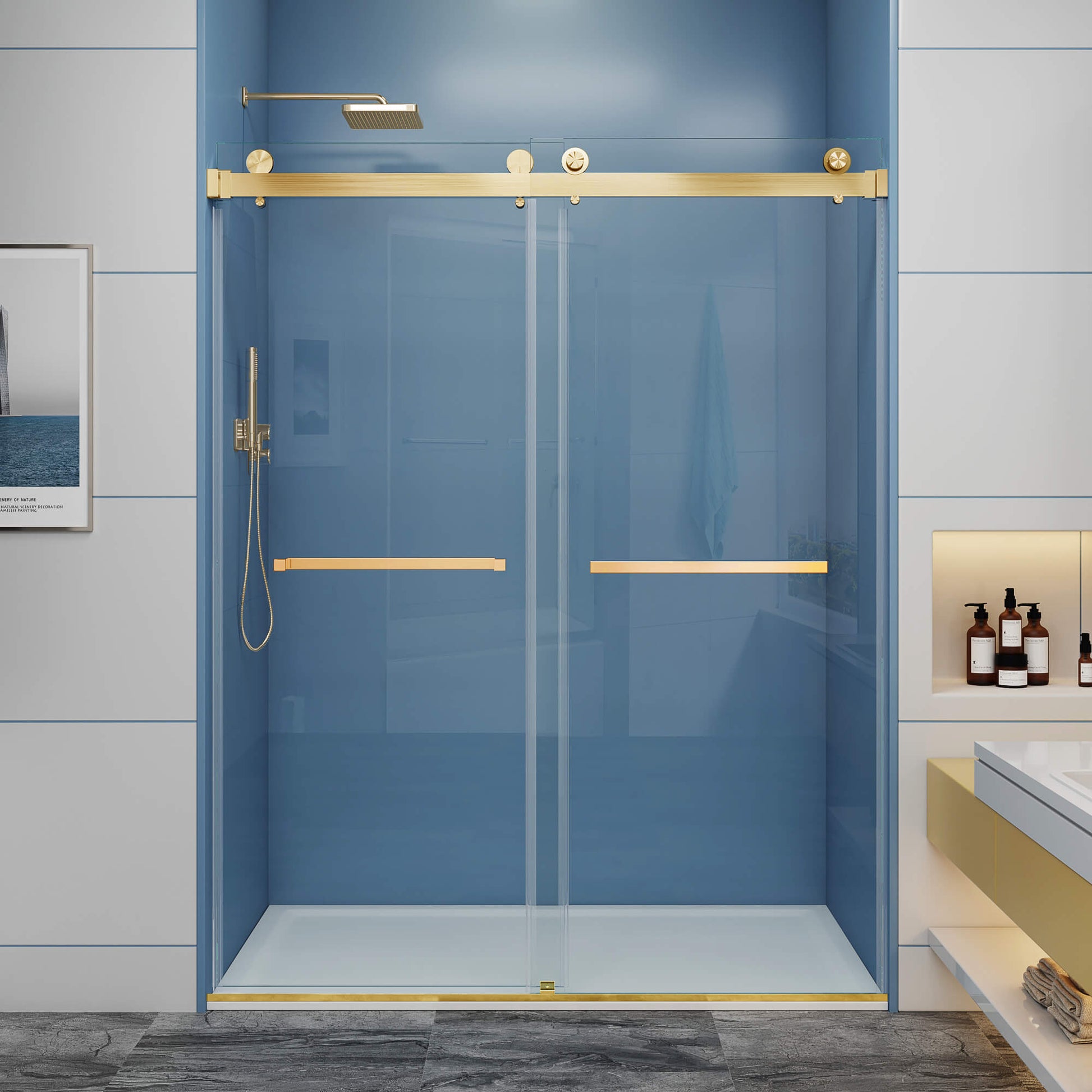 MCOCOD DS01 Double Sliding Glass Shower Door in Brushed Gold