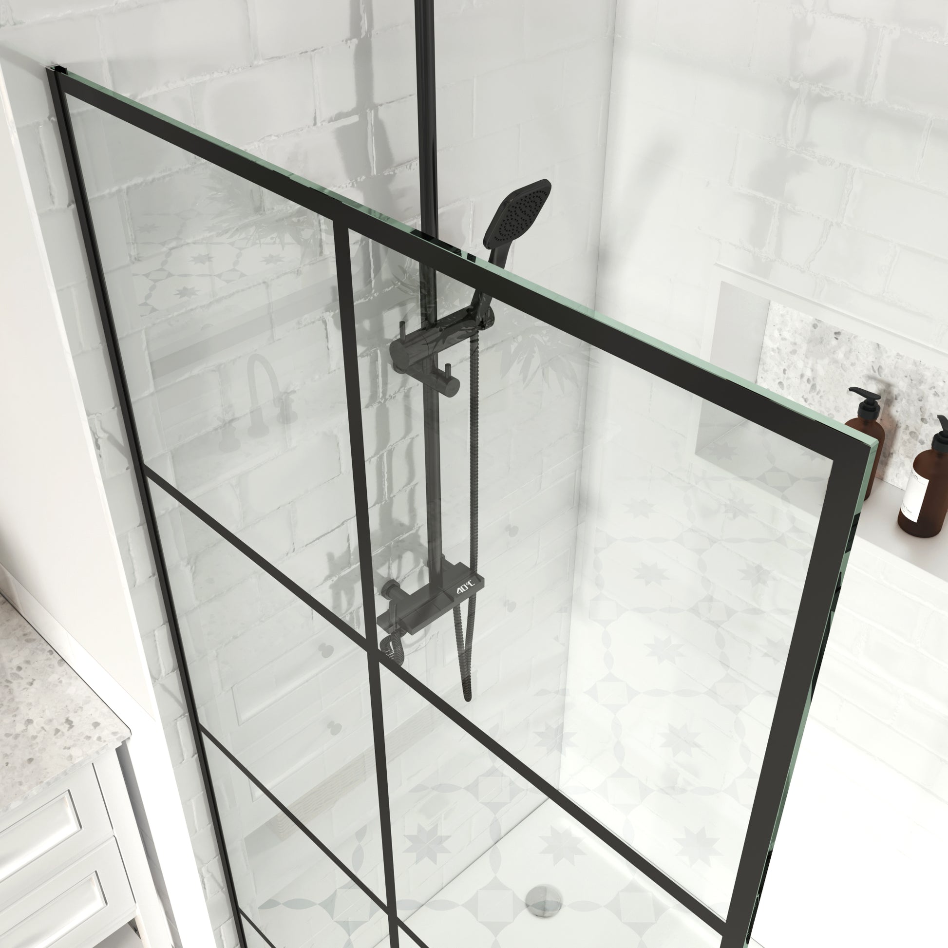 MCOCOD® W01C French Fixed Screen Shower Door in Matte Black with Grid Glass