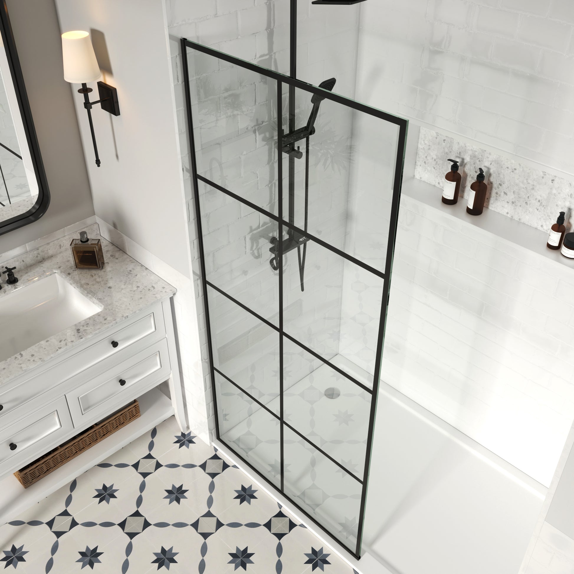 MCOCOD® W01C French Fixed Screen Shower Door in Matte Black with Grid Glass