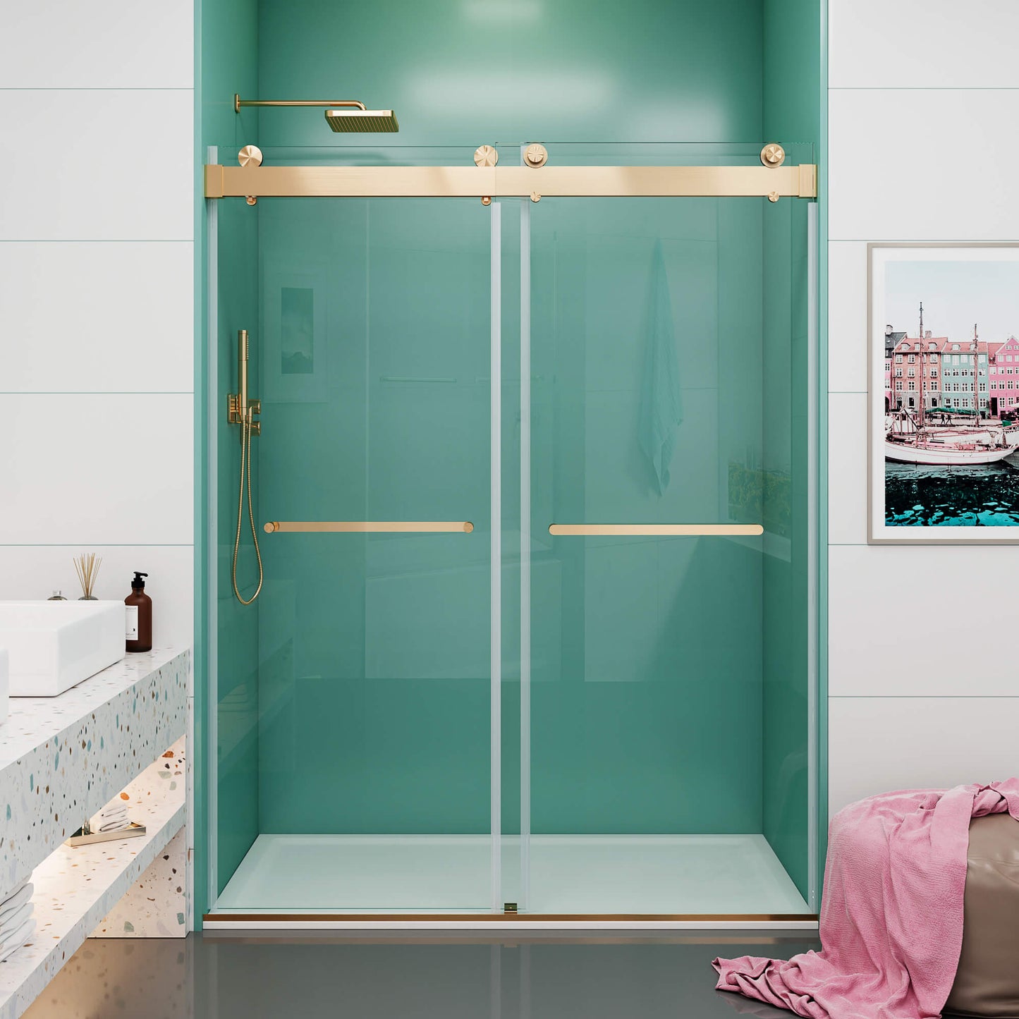 MCOCOD DS13 Soft-Closing Double Sliding Shower Door with Brushed Gold